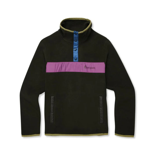 Black fleece pullover with a purple stripe and blue buttons on a white background