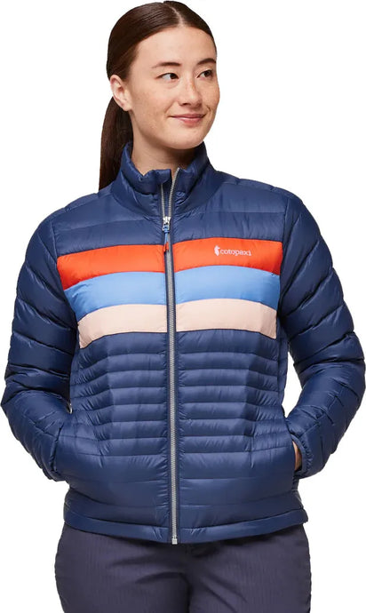 blue cotopaxi puffer zip jacket with multicolor stripes