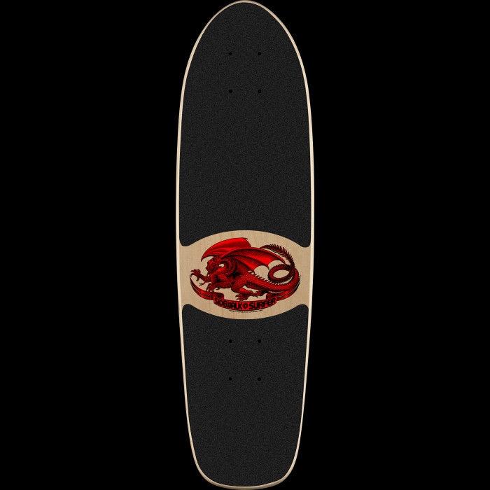Load image into Gallery viewer, Black skateboard deck with a red and beige logo on a white background

