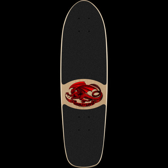Black skateboard deck with a red and beige logo on a white background