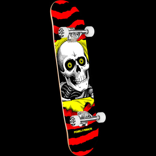Skateboard deck with a skull design on a black background