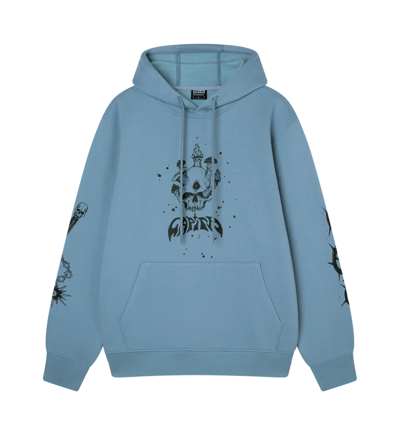 Load image into Gallery viewer, A light blue pullover hoodie with a black graphic print of a skull wearing a crown and the word 'Capita' on the front, with matching black sleeve prints, shown against a plain white background.
