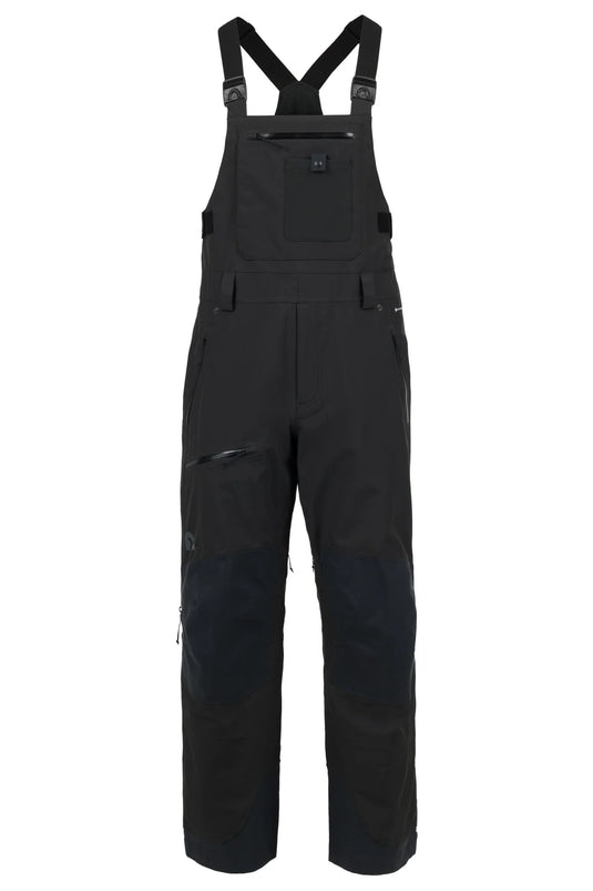 Black technical Flylow snow bib overalls with adjustable shoulder straps, a chest pocket, and reinforced knee panels. Ski and Tennis Station