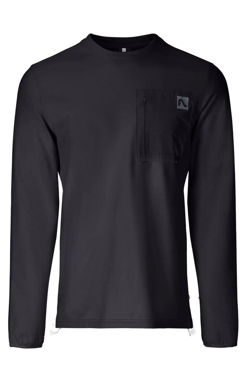 Load image into Gallery viewer, A black long-sleeve Flylow crewneck shirt with a chest pocket and a small logo on the pocket, shown against a plain white background. Ski and Tennis Station.
