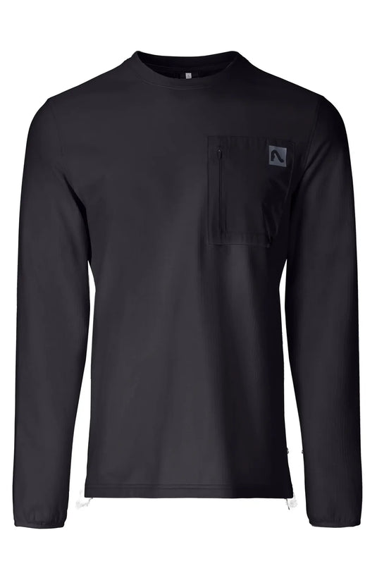 A black long-sleeve Flylow crewneck shirt with a chest pocket and a small logo on the pocket, shown against a plain white background. Ski and Tennis Station.