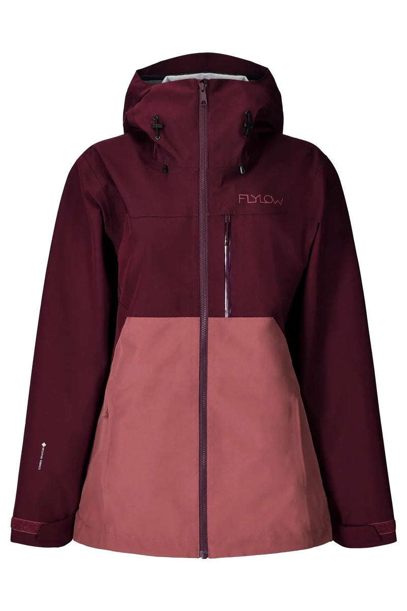Load image into Gallery viewer, A women's colorblock hooded jacket by Flylow, featuring a deep burgundy upper section and sleeves, and a dusty rose pink lower section. Ski and Tennis Station
