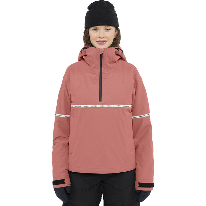 Person wearing a pink jacket with reflective stripes on a white background