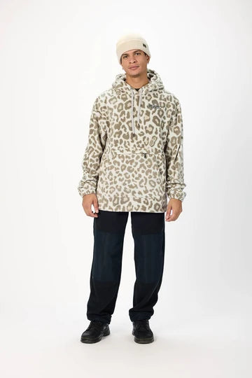Load image into Gallery viewer, A man modeling a beige and brown leopard-print hooded jacket from Airblaster. Ski and Tennis Station
