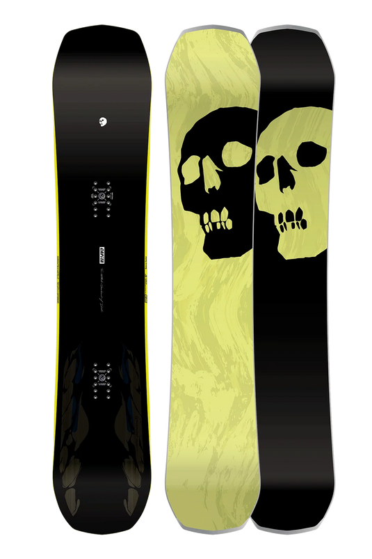 Three views of a Capita Snowboard of Death snowboard shown on a plain white background: the base from the back on the left, the top on the middle, and the base from the front on the right. The design is predominantly black with a large yellow skull graphic and yellow side accents.