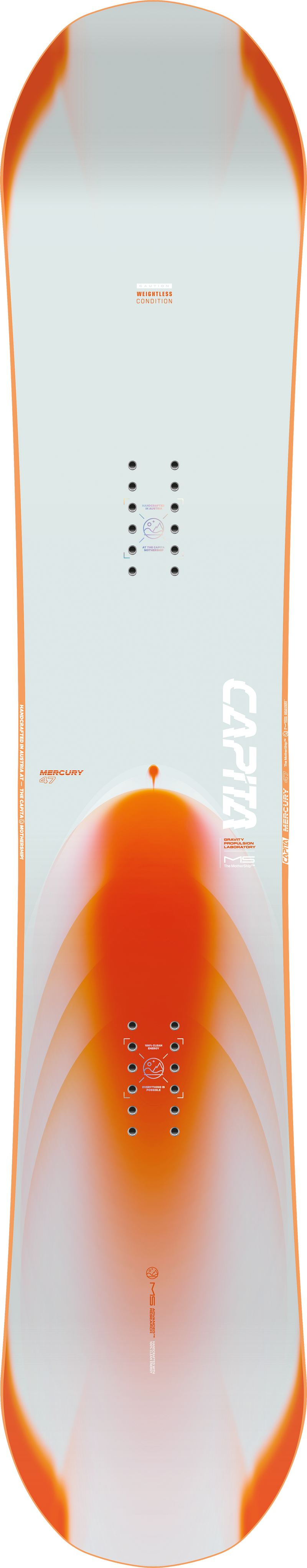 Load image into Gallery viewer, A top-down view of a Capita Mercury snowboard with a white base featuring a vibrant orange flame-like graphic and orange border accents.
