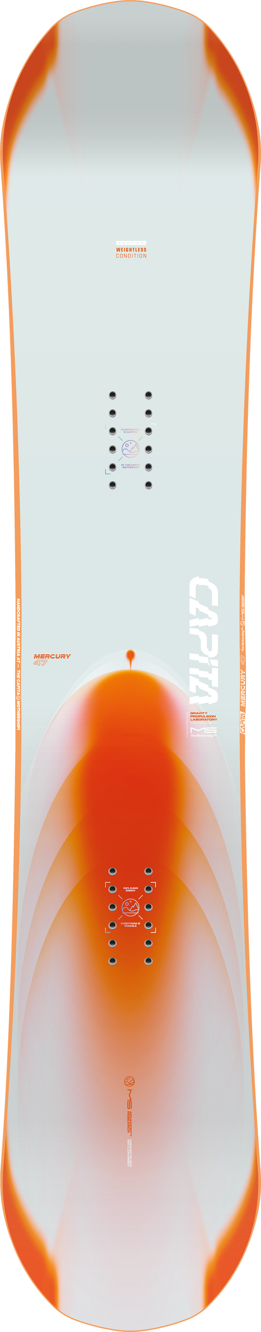 A top-down view of a Capita Mercury snowboard with a white base featuring a vibrant orange flame-like graphic and orange border accents.