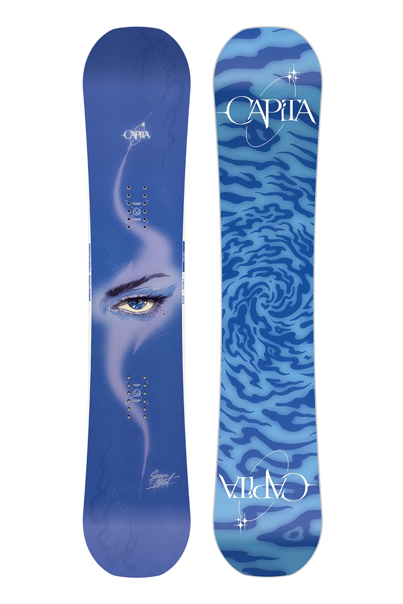 Load image into Gallery viewer, Blue and purple CAPiTA snowboard with artistic design on a white background
