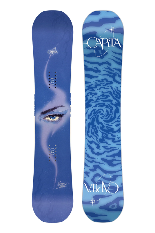 Blue and purple CAPiTA snowboard with artistic design on a white background