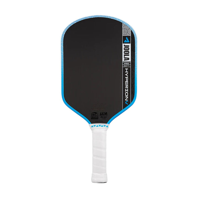 Load image into Gallery viewer, Joola Hyperion Pro V Pickleball paddle with black surface, blue edges, and white handle on a white background
