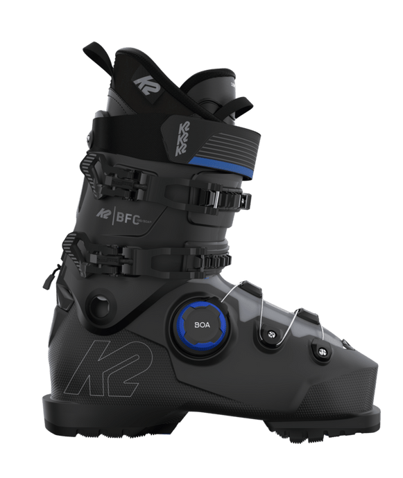 Men's K2 ski boot with BOA lacing system, predominantly black with blue accents, designed for winter use.