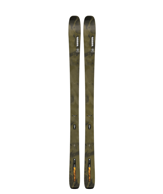 A pair of K2 Men's Mindbender 89TI All Mountain Skis for the year 2026, featuring a camouflage pattern.