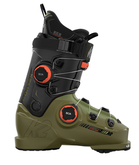 A single K2 Men's Cortex 120 Zonal BOA Ski Boot in a green color with black and orange details, featuring a dial on the side for adjustments.