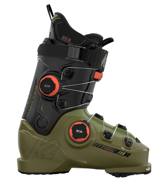 A single K2 Men's Cortex 120 Zonal BOA Ski Boot in a green color with black and orange details, featuring a dial on the side for adjustments.