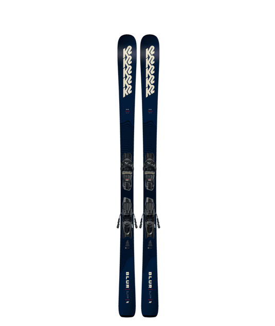 A pair of K2 Men's Blur 79 Quikclik Free Skis for the year 2026, predominantly black in color with the K2 logo visible in white on the tips of the skis.