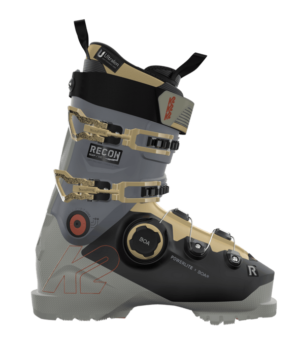 Men's K2 Recon 110 Boa ski boots in black and gold color, featuring adjustable straps and a alpine rockered soles.