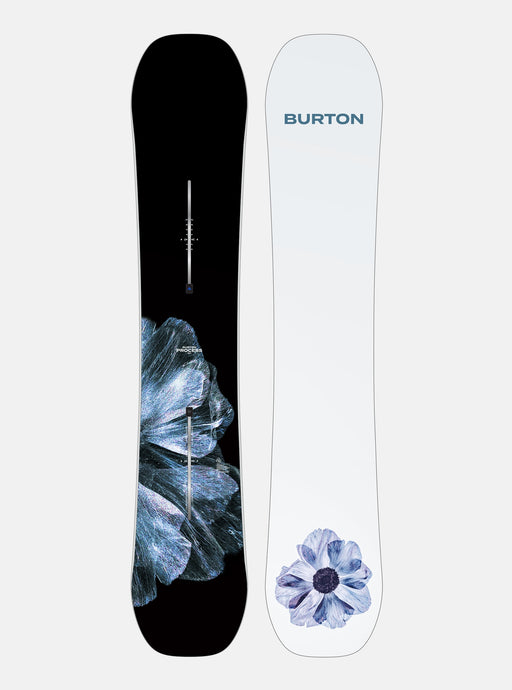 A Burton men's snowboard featuring a central white area with a black tiger graphic and flower graphic on the tips.