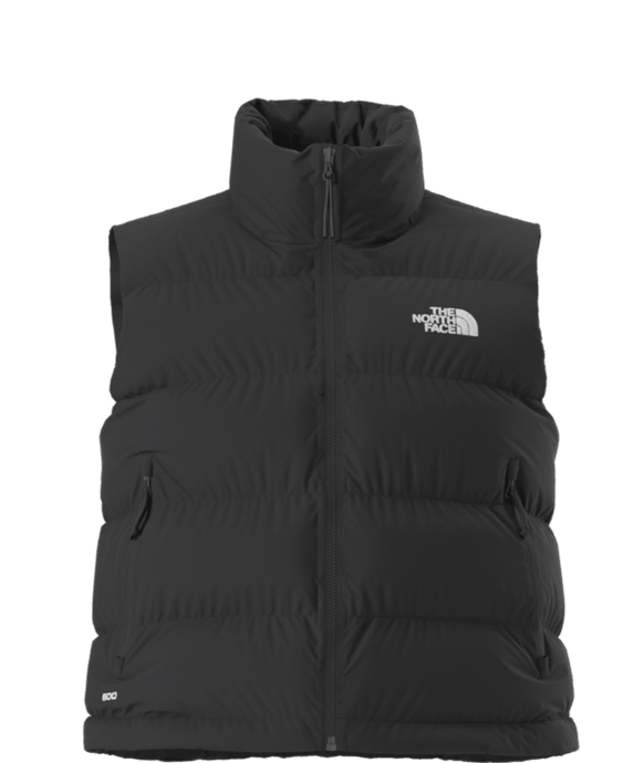 Black puffer vest with The North Face logo on a transparent background