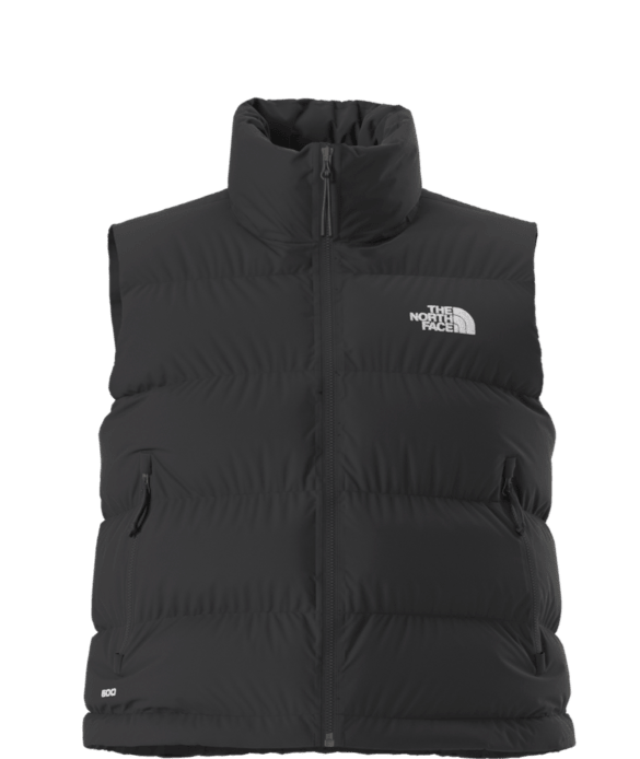Load image into Gallery viewer, Black puffer vest with The North Face logo on a transparent background
