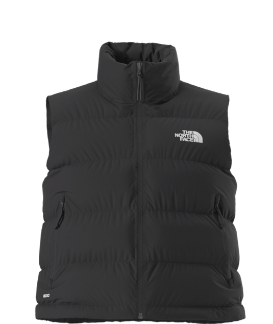 Black puffer vest with The North Face logo on a transparent background