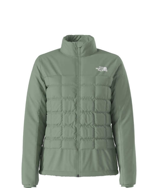 Green jacket with quilted design on a white background