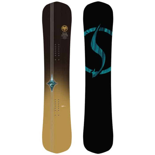 Two views of a Never Summer snowboard with a black and gold design on a white background