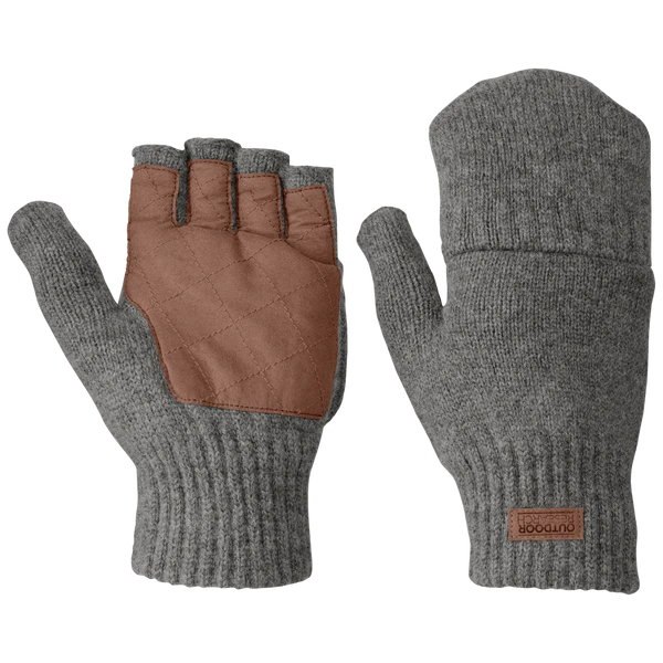 Pair of gray gloves with brown leather accents on a white background