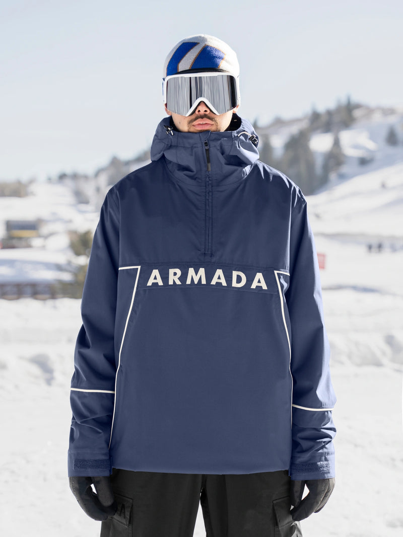 Load image into Gallery viewer, Person wearing a blue Armada jacket on a snowy background
