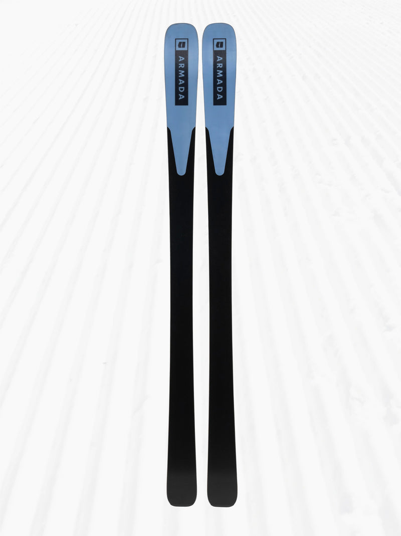 Load image into Gallery viewer, Two black skis with blue tips and tails on a white background
