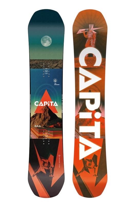 Front and back views of a CAPiTA snowboard on a plain white background. The top sheet features a dark teal-to-orange gradient with a moon graphic, mountain, and orange geometric shapes, while the bottom sheet is predominantly orange with large white CAPiTA lettering and black graphic accents.