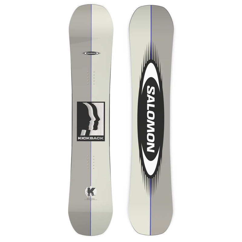 Load image into Gallery viewer, Front and back views of a Salomon Kickback 2027 snowboard on a white background, featuring a light gray base with black and white graphics and a thin blue center stripe. Ski and Tennis Station
