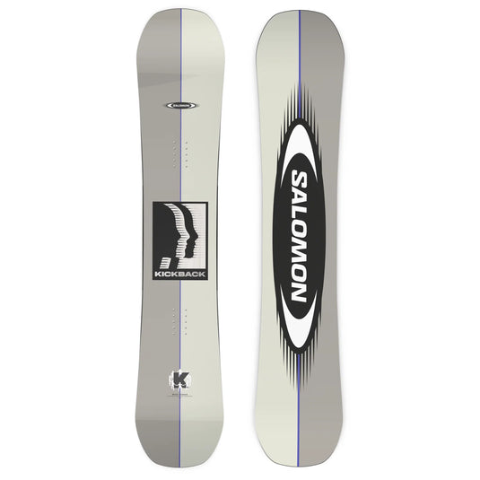 Front and back views of a Salomon Kickback 2027 snowboard on a white background, featuring a light gray base with black and white graphics and a thin blue center stripe. Ski and Tennis Station