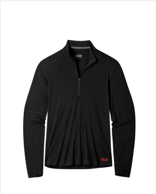 Black long-sleeve shirt with a quarter-zip design on a white background
