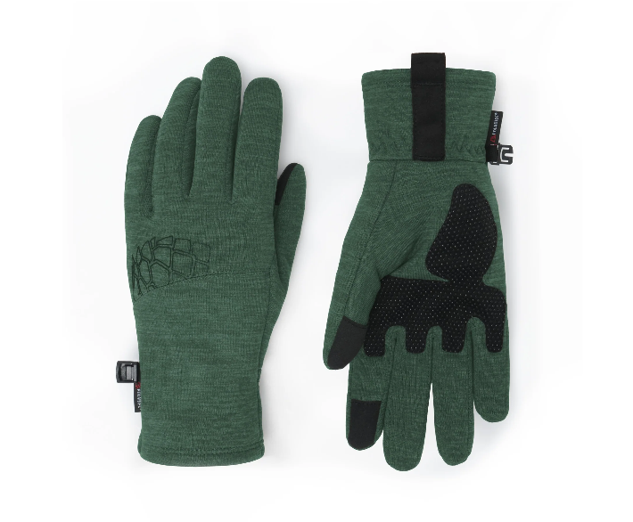 Load image into Gallery viewer, A pair of dark green Stio winter gloves shown flat against a white background, displaying both the back of one glove with a black geometric logo and the front of the other glove with black textured grip panels and black fingertips. Ski and Tennis Station
