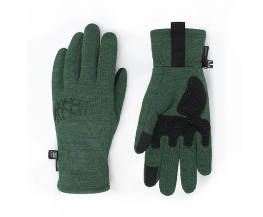 A pair of dark green Stio winter gloves shown flat against a white background, displaying both the back of one glove with a black geometric logo and the front of the other glove with black textured grip panels and black fingertips. Ski and Tennis Station
