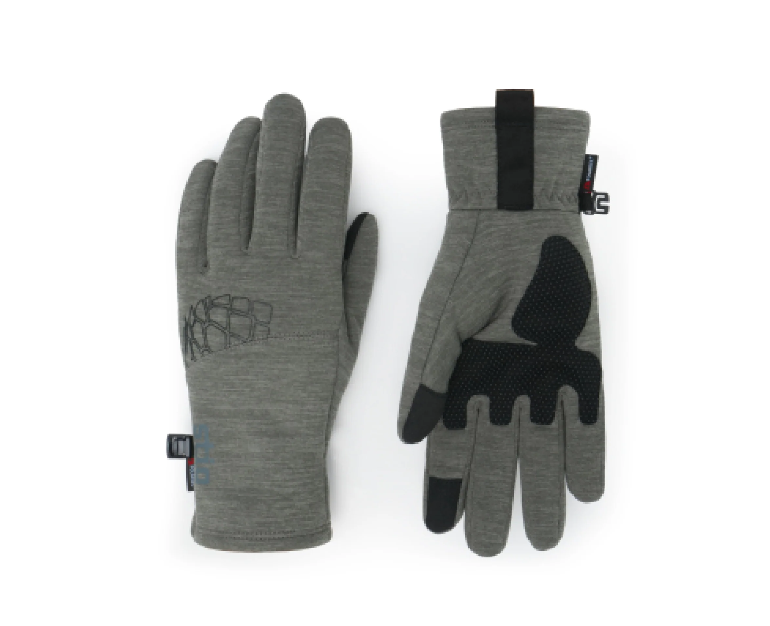 Load image into Gallery viewer, A pair of heather gray Stio fleece gloves shown flat against a white background, displaying both the back of the hand with a black line graphic and the palm side with black textured grip panels. Ski and Tennis Station
