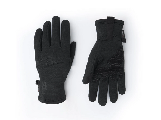 A pair of black Stio technical gloves shown flat against a white background, with one glove displaying the back of the hand and the other showing the palm side with textured grip panels. Ski and Tennis Station
