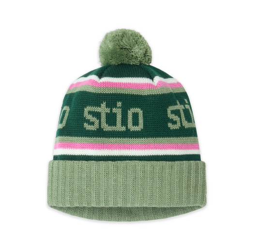 A knit pom-pom Stio beanie hat in shades of green with pink and white stripes, Ski and Tennis Station
