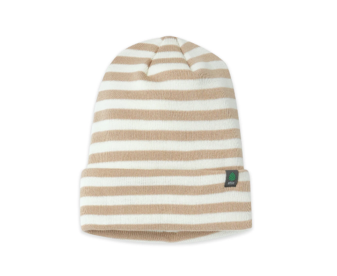 Load image into Gallery viewer, A knit beanie hat with horizontal beige and off-white stripes, featuring a small green and black Stio patch on the folded cuff. Ski and Tennis Station
