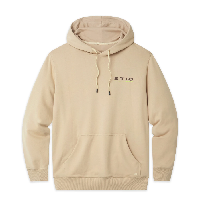 Load image into Gallery viewer, A beige pullover hoodie with a kangaroo pocket and drawstrings, featuring the brand name 'STIO' printed on the left chest, shown against a plain white background. Ski and Tennis Station
