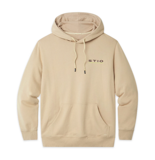 A beige pullover hoodie with a kangaroo pocket and drawstrings, featuring the brand name 'STIO' printed on the left chest, shown against a plain white background. Ski and Tennis Station
