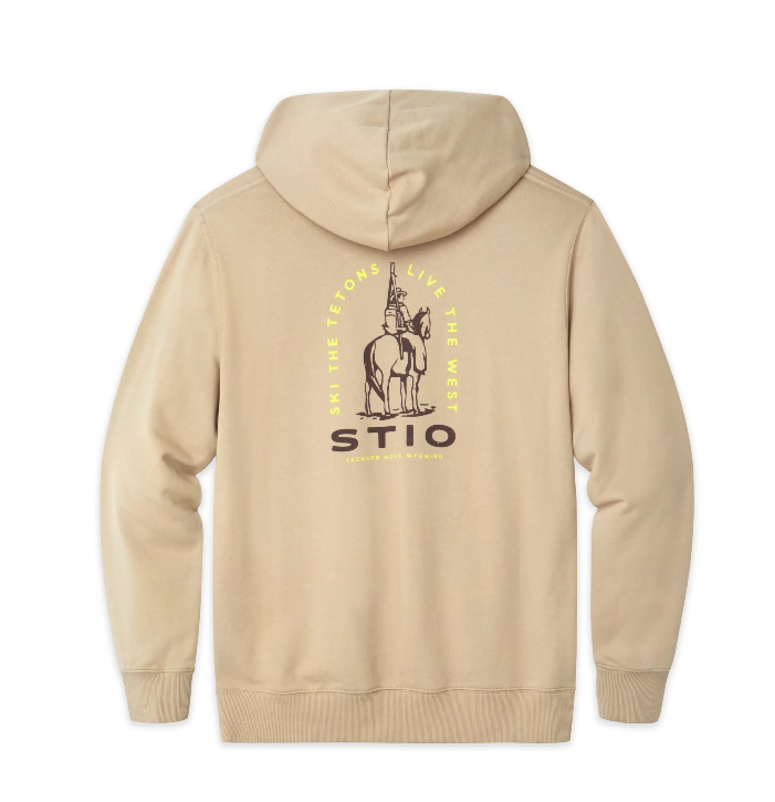 Load image into Gallery viewer, A beige pullover hoodie shown from the back, featuring a graphic print of a cowboy riding a horse with the text 'STIO' and 'SKI THE TETONS' in yellow and dark brown. Ski and Tennis Station
