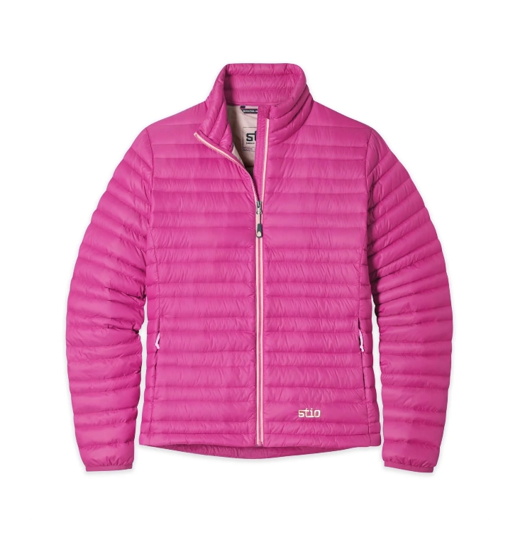 Load image into Gallery viewer, A bright pink quilted Stio puffer jacket with a stand-up collar, front zipper, and zippered hand pockets. Ski and Tennis Station
