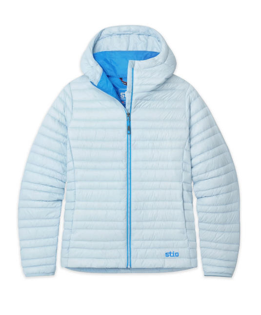 A light blue hooded Stio puffer jacket with a bright blue zipper. Ski and Tennis Station