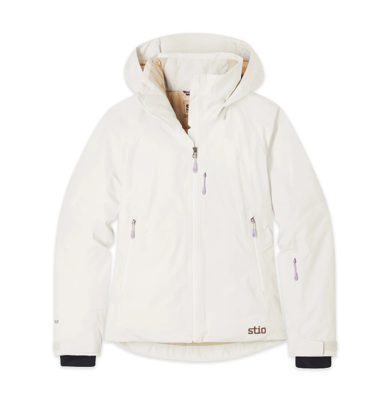 Load image into Gallery viewer, An off-white hooded ski jacket with a full front zipper, zippered hand pockets, and a small brown 'stio' logo near the bottom hem. Ski and Tennis Station
