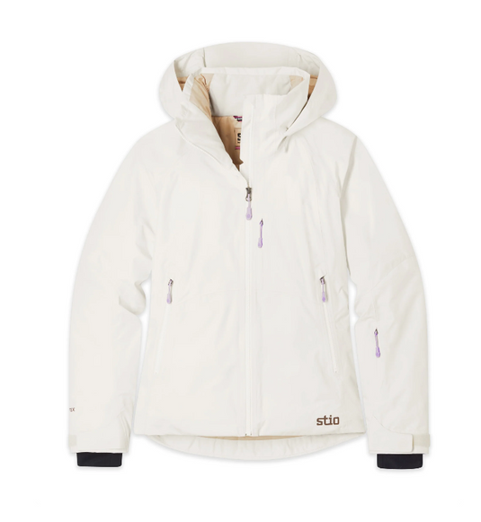 An off-white hooded ski jacket with a full front zipper, zippered hand pockets, and a small brown 'stio' logo near the bottom hem. Ski and Tennis Station
